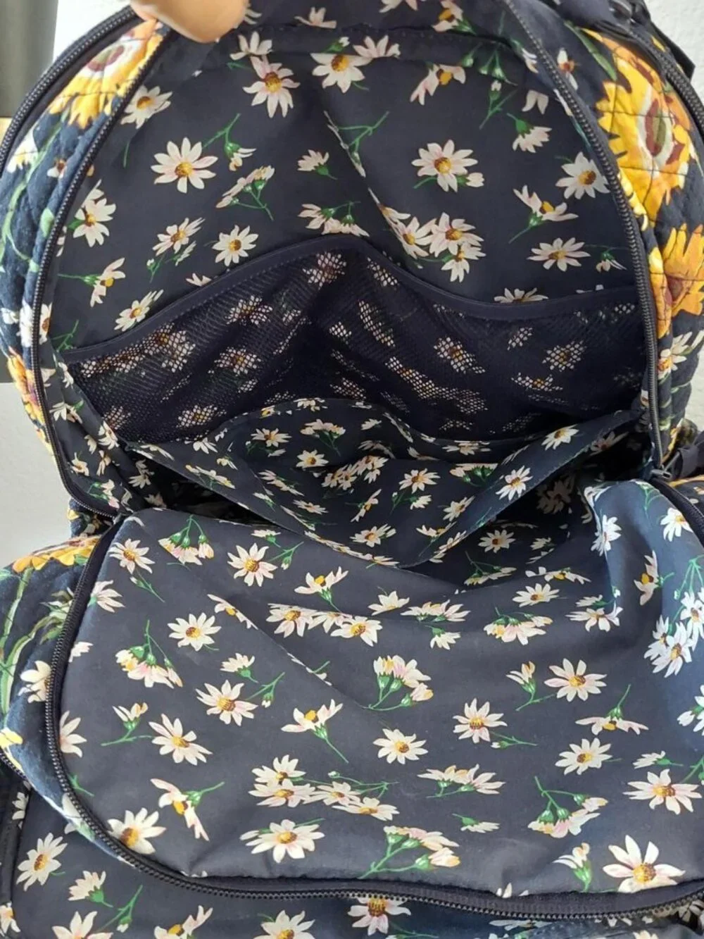 RARE Vera Bradley Sunflowers XL Campus Backpack featuring a quilted navy fabric